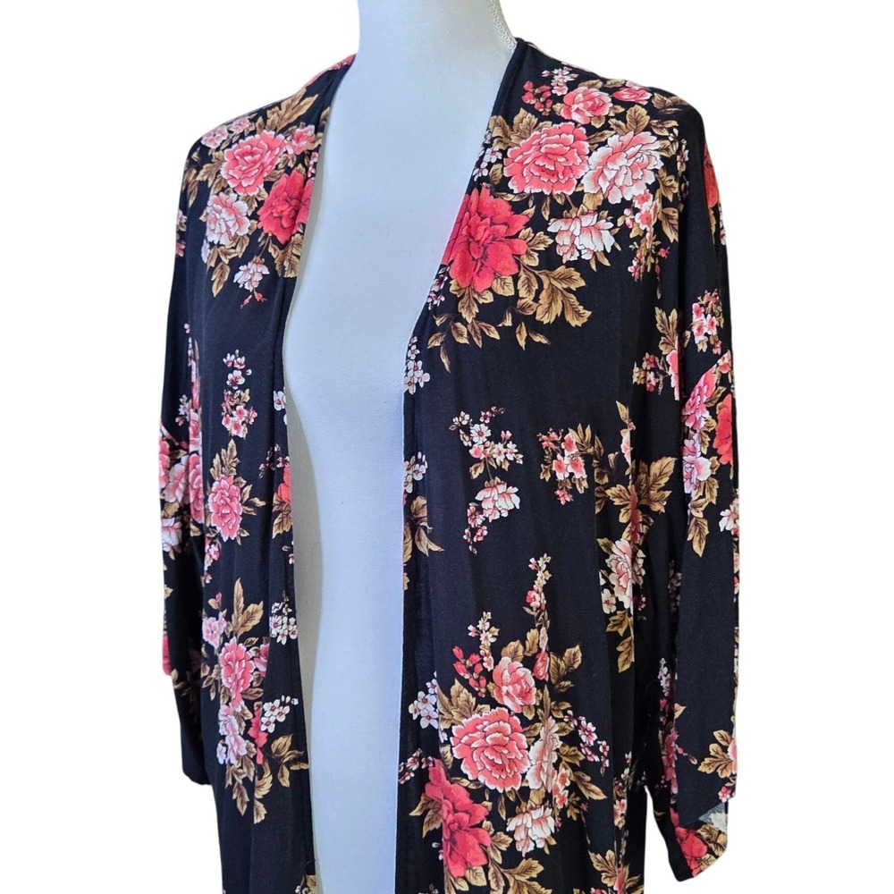 Black Floral Longline Kimono Duster Cardigan Small Flowy Light Whimsygoth Boho